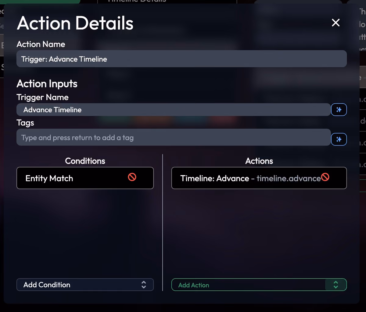 Showing the timeline advance settings