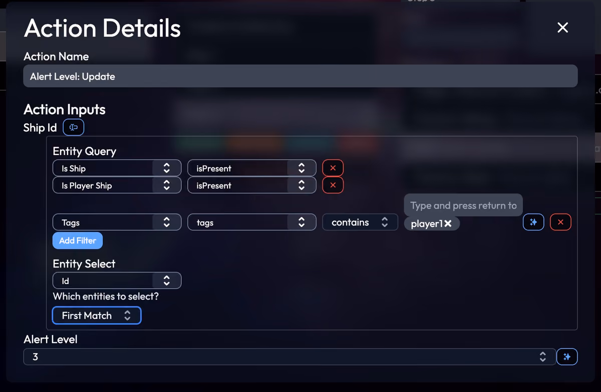 The action editor with an entity query on the ship Id