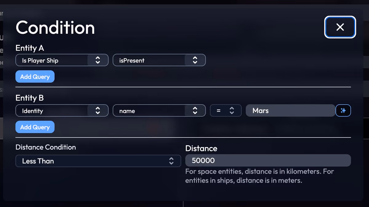 The condition editor, showing a distance condition