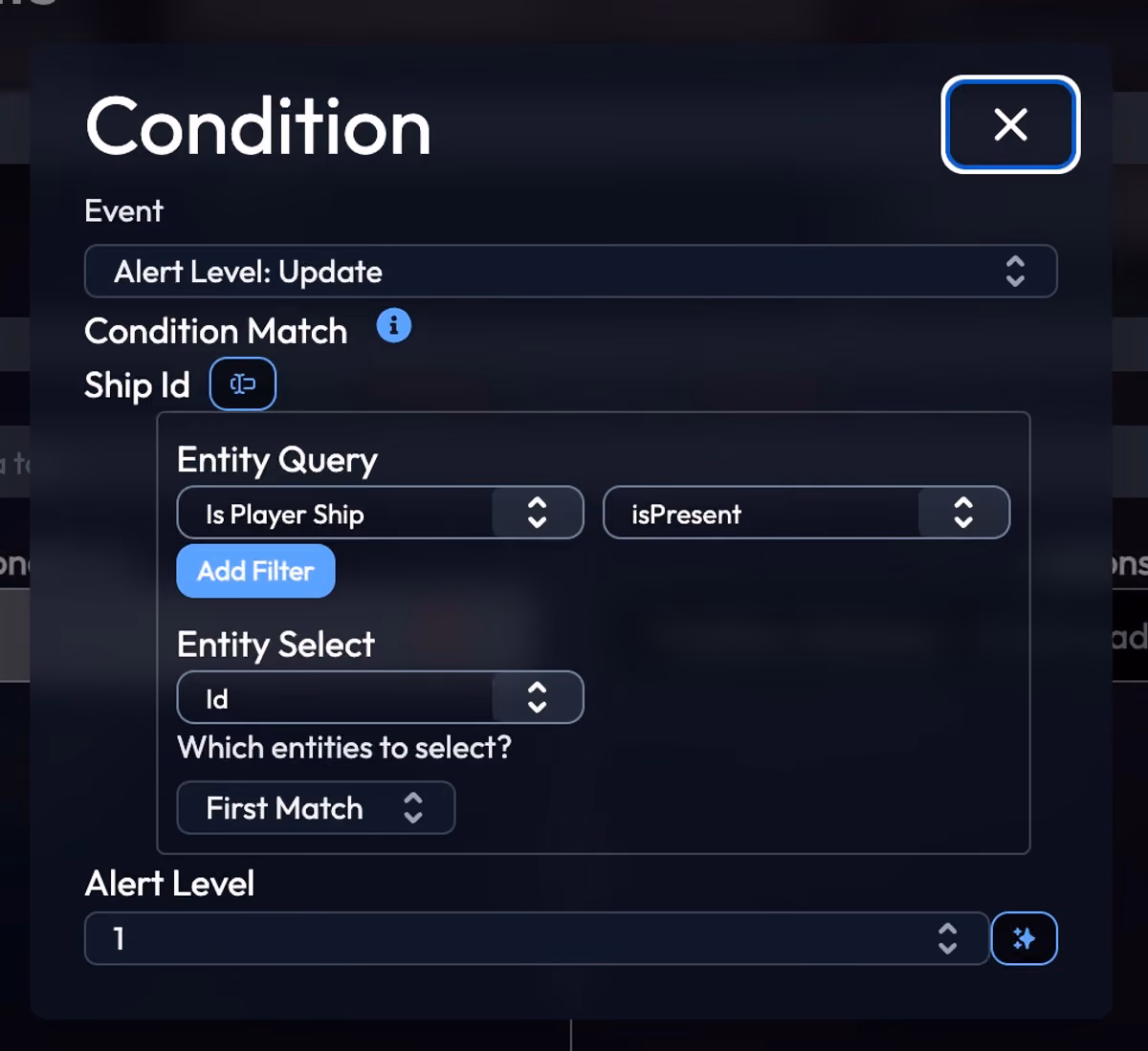 The condition editor, showing an "Alert Level: Update" condition