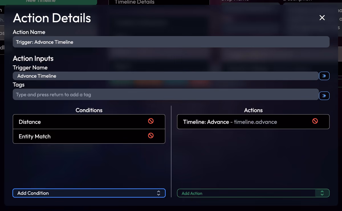 Trigger Action configuration window